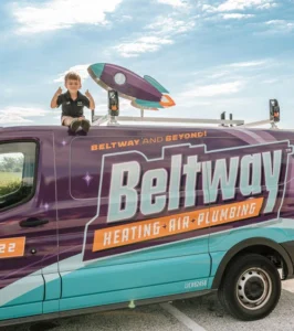 kid on branded truck